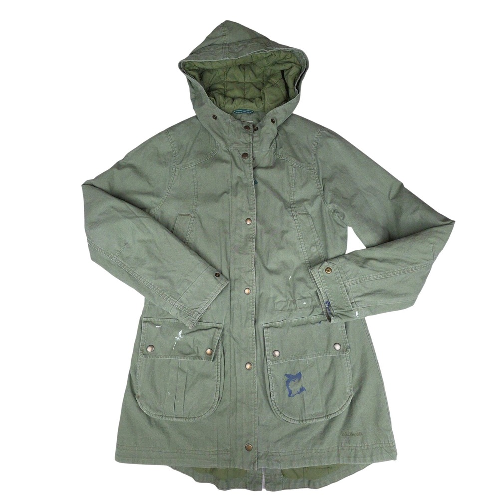 LL Bean Field Jacket Women Small Green Paint Splatters Distressed Quilted Lining